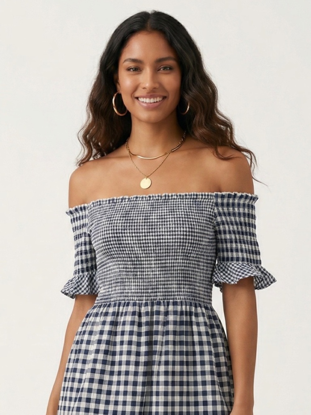 POL Navy White Gingham Midi Dress | Smocked Off Shoulder Checkered Dress - Picture 3 of 7